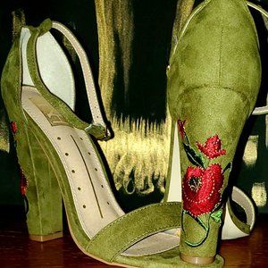 olive green with red flower on heel, suede, ankle strap heel
